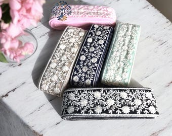 Embroidered Floral Net Fabric Trim, Indian Sari Border, Art Quilts