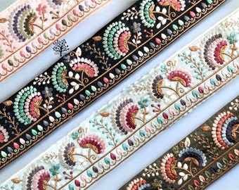 Sari fabric Indian trim, Sari Silk Fabric Trim-Embroidered Trim, Sari Border, Lehenga Fabric, Dupattas, Art Quilts Silk Ribbon, Table Runner