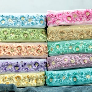 Tecido de rede bordado com acabamento em renda floral, vestido de noiva, borda de sári, tecido de sári, colcha artística, acabamento indiano por metro, caminho de mesa