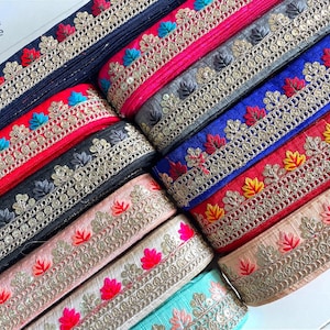Guarnição bordada em tecido de sari indiano - Guarnição de seda de 1,5 polegadas para tecido de lehenga, dupatta e vestido de noiva 20890
