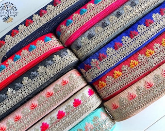 Embroidered Indian Sari fabric Trim-1.5 Inch Silk Trim for Lehenga Fabric-Dupattas-Wedding Dress