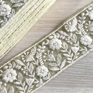 Sari Fabric Trim, White Thread Embroidered Saree Border for boho junk journals, Table Runner, Indian Textiles Fabrics Mint
