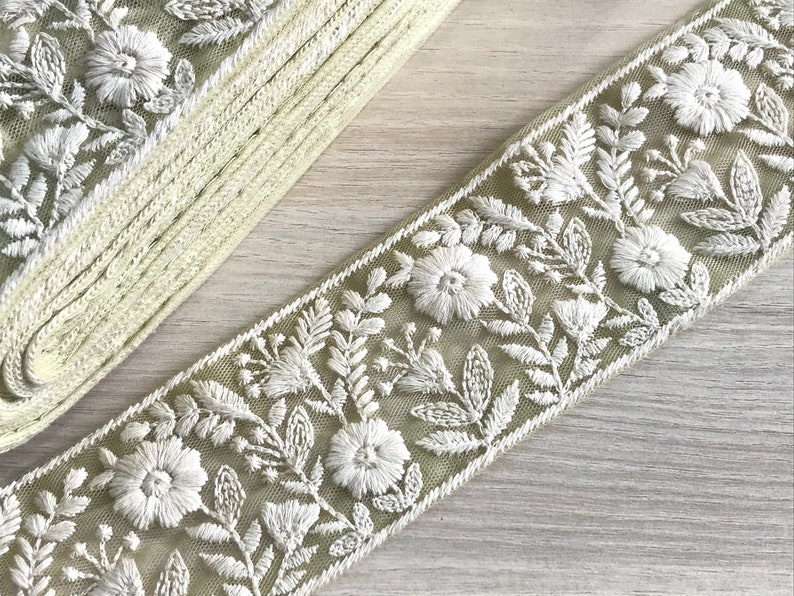 Sari Fabric Trim, White Thread Embroidered Saree Border for boho junk journals, Table Runner, Indian Textiles Fabrics Mint