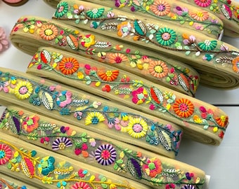 Sari Fabric Trim-Multi Colour Embroidered Saree Border for Dupattas, Art Quilt Ribbon, boho junk journals, Indian Fabric-Table Runner