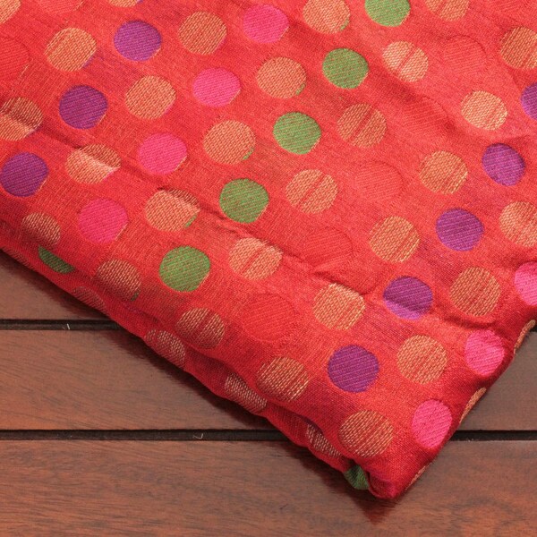 Half Yard-Red Art Silk Sari-Gold Brocade Design-Recycle Silk Fabric Ribbon Border-Silk Table Runner-Art Quilts-Scarf-Red Crazy Quilt Fabric