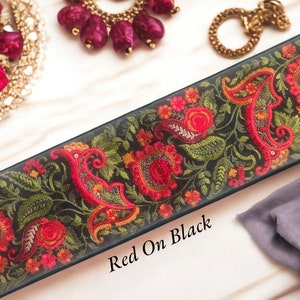 Saree Border Indian Lace Trim By The Yard, embroidered Ribbon Sari Fabric Trim-Table Runner-Art Quilt fabric trim Sari Border Silk Fabric Red On Black