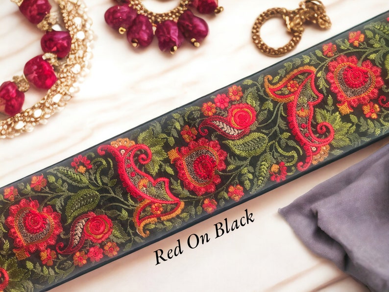 Saree Border Indian Lace Trim By The Yard, embroidered Ribbon Sari Fabric Trim-Table Runner-Art Quilt fabric trim Sari Border Silk Fabric Red On Black