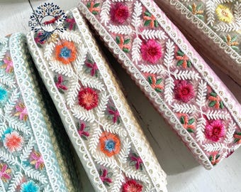 Embroidered Net Fabric Trim-2 Inch Multi-Color Sari Border-Indian Lace for DIY clothes-Dress-Boho Jacket-Skirts