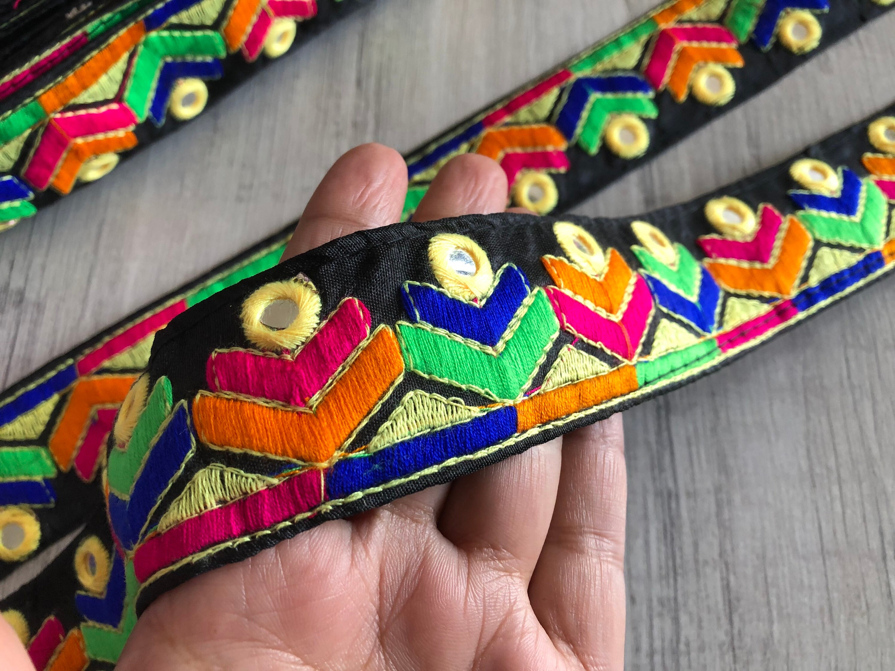 1 Yard Black Silk Fabric TrimEmbroidered MultiColor Floral Etsy