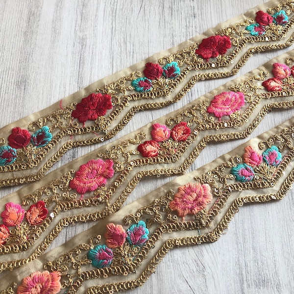 Saree Border Indian Lace Trim By The Yard, embroidered Ribbon Sari Fabric Trim-Table Runner-Art Quilt fabric trim Sari Border Silk Fabric