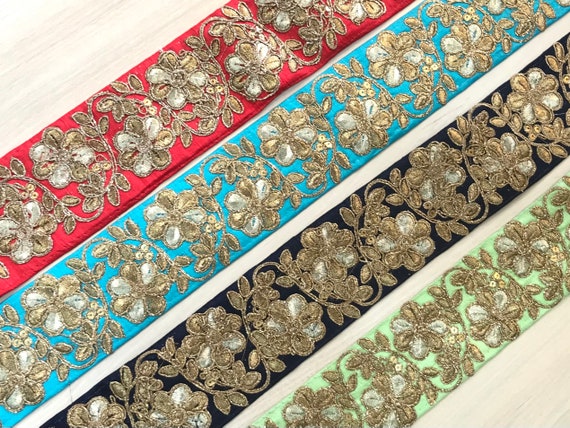 Indian Lace Trim by the Yard, Embroidered Ribbon Sari Fabric Trim-table  Runner-art Quilt Fabric Trim-silk Sari Border Trim-silk Fabric Trim 