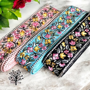 Bordure en tissu bohème multicolore - Courtepointe artistique - Bordure en ruban de sari en soie brodée - Tissu sari en soie - Garniture en tissu indien par mètre