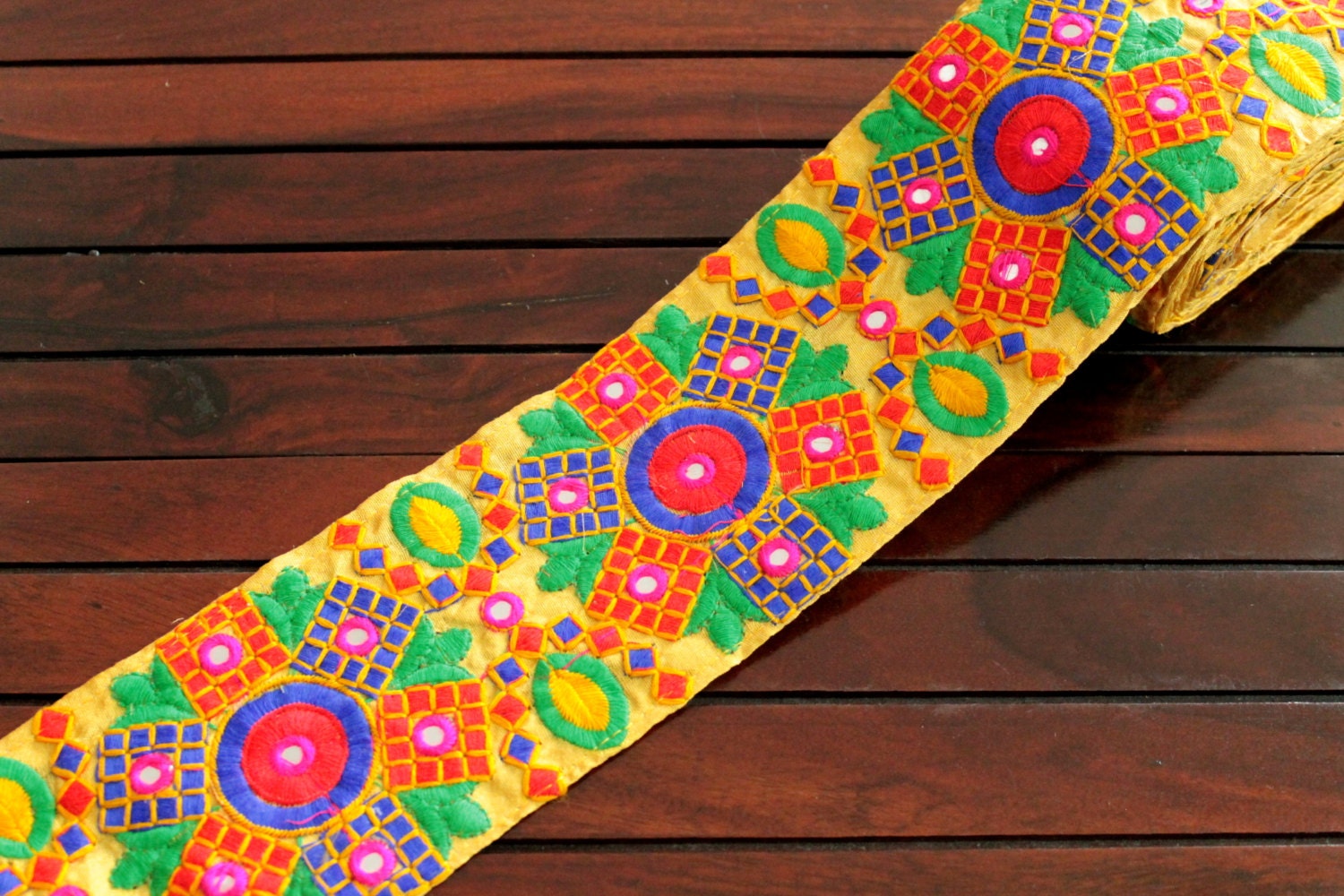 1 Yard Yellow Fabric Trimmulticolor Embroidered Floral Etsy