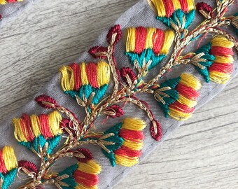 Grey Organza Fabric Trim - Embroidered Trim -Multi-coloured Thread Sari Border-Indian Designs Sequinned Trims-Crazy Quilts Silk Fabric Trim