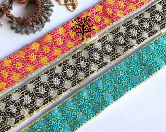 Sari fabric Indian trim, Sari Silk Fabric Trim-Embroidered Trim, Sari Border, Lehenga Fabric, Dupattas, Art Quilts Silk Ribbon, Table Runner