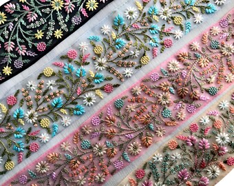 Floral Net Fabric Trim-Multi Colour Embroidered Sari Border-Silk Sari Fabric-Dupattas,Quilt Silk Ribbon-Indian Fabric-Table Runner-Lehengas