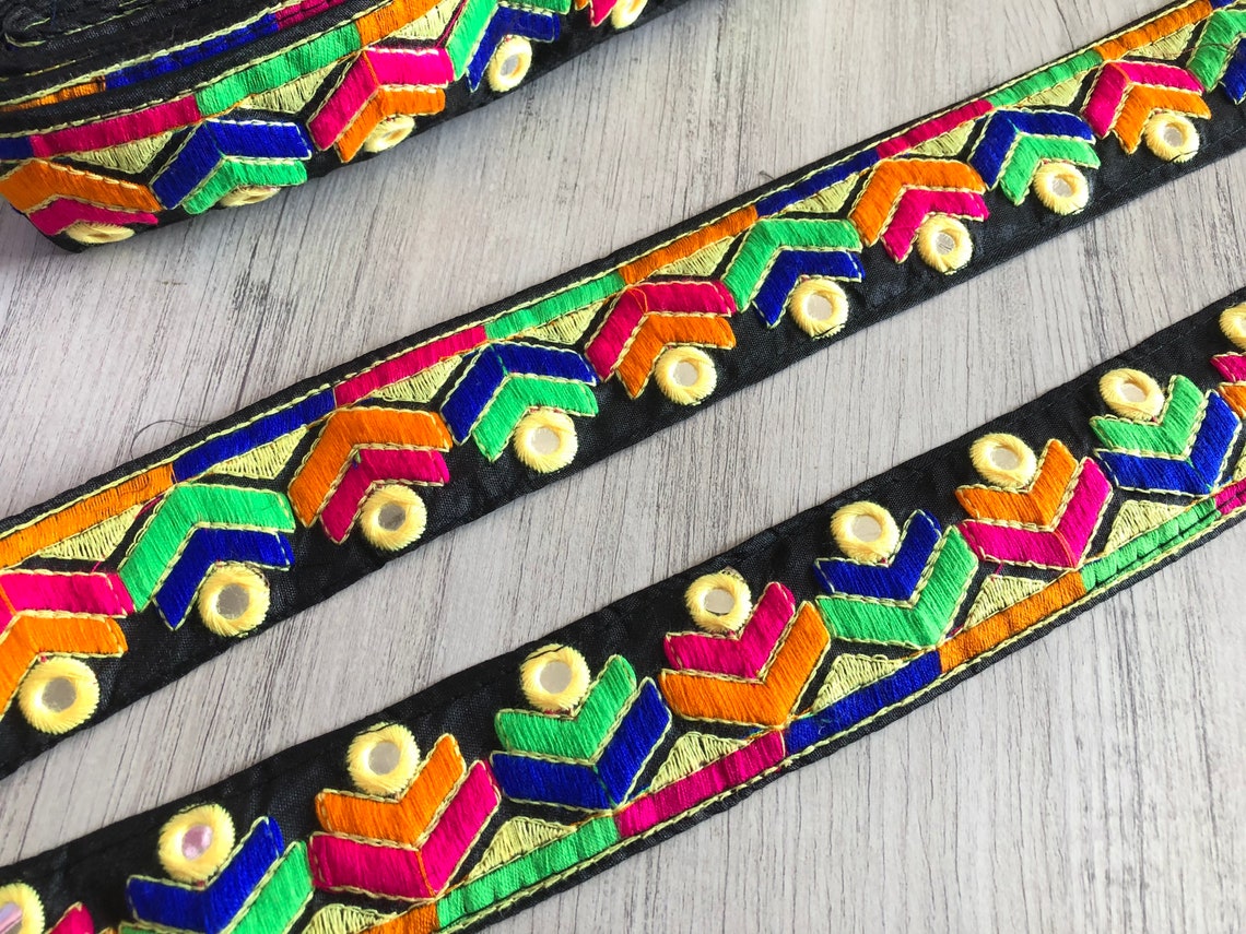 1 Yard Black Silk Fabric TrimEmbroidered MultiColor Floral Etsy