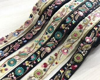 Sari fabric Indian trim, Organza Fabric Trim-Embroidered Trim, Saree Border, Lehenga Fabric, Dupattas, Art Quilts Silk Ribbon, Table Runner