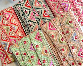 Haftowana lamówka z tkaniny sari, indyjskie obramowanie tekstylne, tkanina na kołdry artystyczne do samodzielnego wykonania - sukienki i spódnice