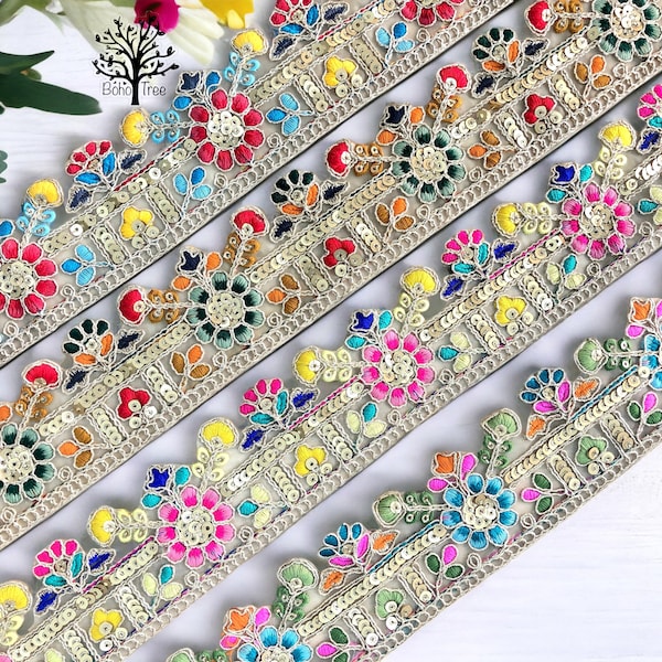 Beige Organza Fabric Trim-Multi Colour Embroidered Real Mirror Sari Border-Silk Sari Fabric-Dupatta Silk Ribbon-Indian Table Runner-Lehenga