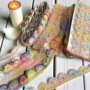 Organza Fabric Trim, Multi Colour Embroidered Saree Border for boho junk journals, Wedding Dress, denim jackets, home decor embellishments