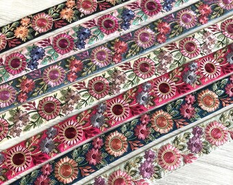 Indian Lace Trim By The Yard, embroidered Ribbon Sari Fabric Trim-Table Runner-Art Quilt fabric trim-Silk Sari Border Trim-Silk Fabric Trim