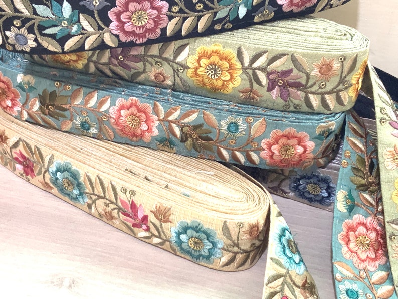 Sari Fabric Embroidered Trim, Embellishments for Boho Junk Journal, Holiday Home Decor, Boho Wedding Dress, Indian Fabric, Table Runner image 10