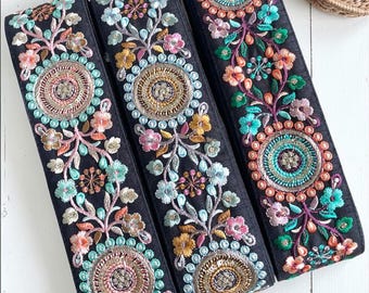 Floral Fabric Trim-Multi Colour Embroidered Sari Border-Silk Sari Fabric-Dupattas,Quilt Silk Ribbon-Indian Fabric-Table Runner-Lehengas
