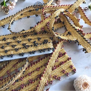 Adorno de encaje indio con cuentas cortado a medida, adorno de tela para sari con cinta decorativa para fiestas, adorno de borde para sari, camino de mesa, adorno de falda boho
