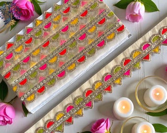 Koronka z haftowanej organzy – 1,5 cala – Zari Cut – WorkTrim – cięcie na wymiar – indyjskie wykończenie tkanin – obramowanie sari – wstążka do rękodzieła – wykończenie tkanin sari – taśma do szycia