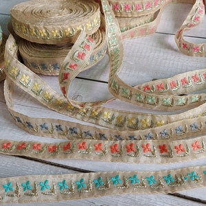 Ribete de encaje indio cortado a medida, bordado cinta Sari tela trim-table runner-art quilt tejido ribete-Silk Sari Border Trim-Silk Fabric Trim