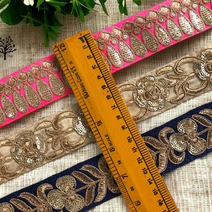 Sequins Embroidered Trim-Silk Sari Border Lace-Table Runner Silk Trim-Pink Silk Fabric Trim-Art Quilt Ribbon Trim By The Yard image 2