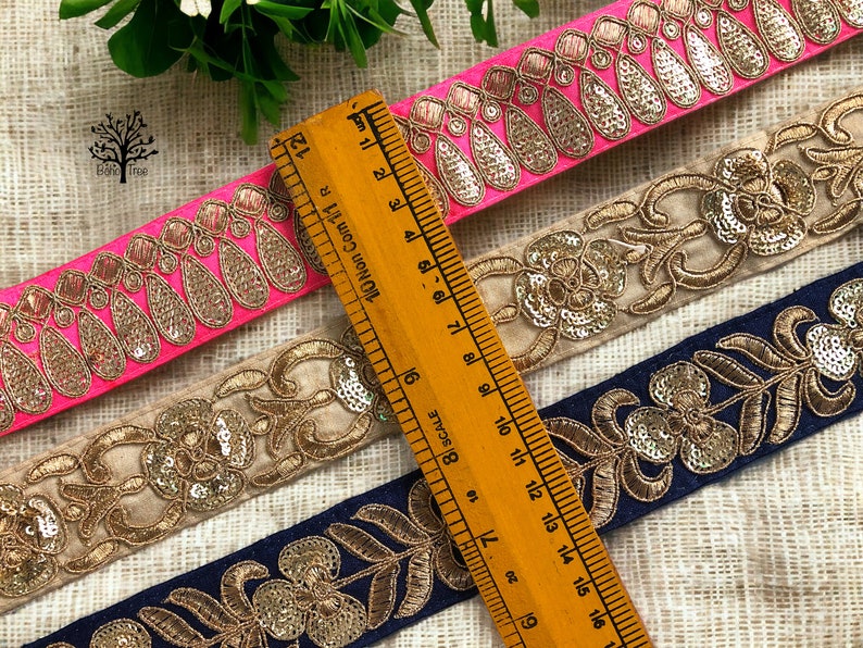 Sequins Embroidered Trim-Silk Sari Border Lace-Table Runner Silk Trim-Pink Silk Fabric Trim-Art Quilt Ribbon Trim By The Yard image 2