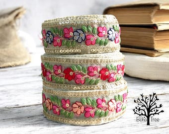 Floral Fabric Trim-Multi Colour Embroidered Sari Border-Silk Sari Fabric-Dupattas,Quilt Silk Ribbon-Indian Fabric-Table Runner-Lehengas