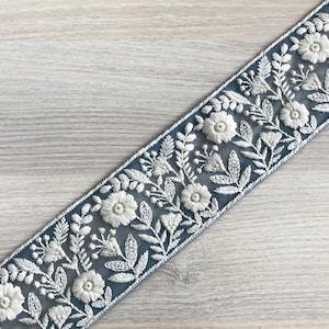 Sari Fabric Trim, White Thread Embroidered Saree Border for boho junk journals, Table Runner, Indian Textiles Fabrics Gray