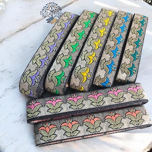 Borda de sari com acabamento em tecido jacquard floral brocado indiano, perfeito para coleiras de cachorro, decoração de casa de férias boho, caminho de mesa