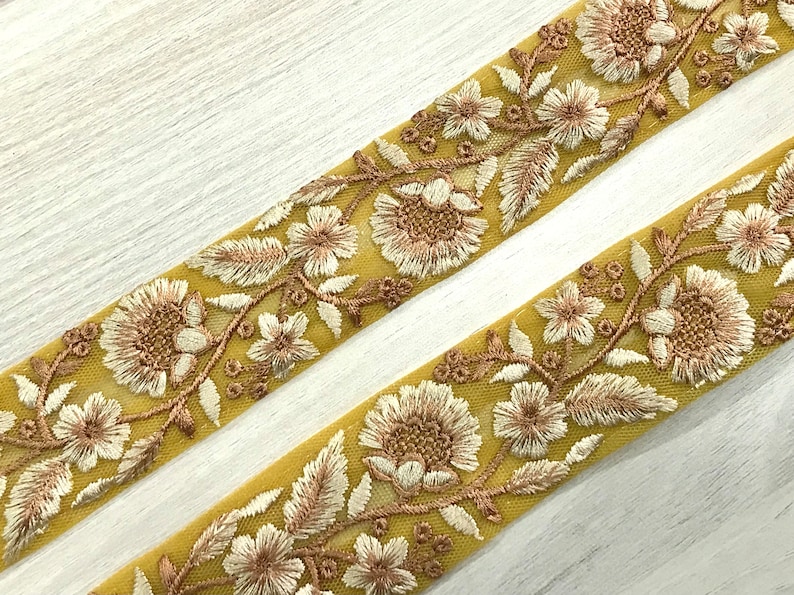 Floral Net Fabric Trim-Multi Colour Bordado Sari Borde-Seda Sari Fabric-Dupattas,Quilt Silk Ribbon-Indian Fabric-Table Runner-Lehengas Mustard