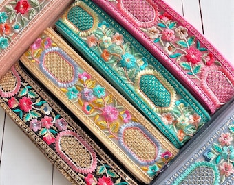Embroidered Floral Net Lace Trim, Indian Sari Border-Bohemian Style Ribbon for DIY Crafts-Clothes