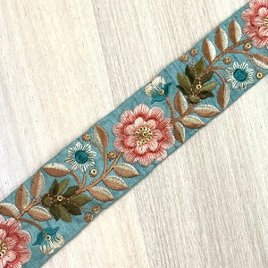 Sari Fabric Embroidered Trim, Embellishments for Boho Junk Journal, Holiday Home Decor, Boho Wedding Dress, Indian Fabric, Table Runner Blue