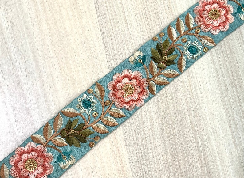 Sari Fabric Embroidered Trim, Embellishments for Boho Junk Journal, Holiday Home Decor, Boho Wedding Dress, Indian Fabric, Table Runner Blue