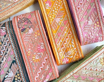 Geometric Embroidered Zari Lace Trim | 3.2 Inch Pastel Ethnic Border Ribbon | Bridal Sewing Lace| DIY Craft Decorative Border