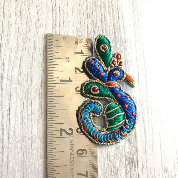 1 piece Peacock Design Hand Embroidered Fabric Applique-Sew-on Beaded Sequins Appliques-Beautify scrap book sewing project-Crazy Quilting