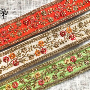 Stone studded Lace Trim By The Yard on Saree Fabric Embroidered Saree Fabric Ribbon Trim-Art Quilt fabric trim-Silk Sari Border Trim