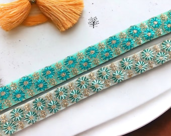 Floral Net Fabric Trim-Multi Colour Embroidered Sari Border-Silk Sari Fabric-Dupattas,Quilt Silk Ribbon-Indian Fabric-Table Runner-Lehengas