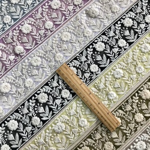 Sari Fabric Trim, White Thread Embroidered Saree Border for boho junk journals, Table Runner, Indian Textiles Fabrics image 9