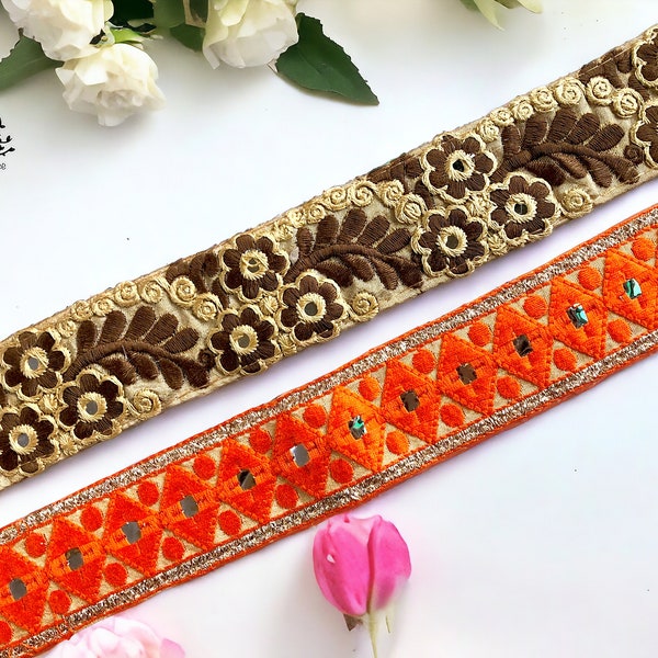 Saree Border Indian Lace Trim By The Yard, embroidered Ribbon Sari Fabric Trim-Table Runner-Art Quilt fabric trim Sari Border Silk Fabric