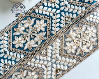 Geometric Embroidered Zari Lace Trim | Blue Grey Ethnic Border Ribbon | Indian Saree Dupatta Lace | Bridal Sewing Trim