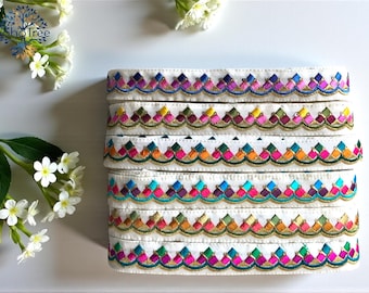 Floral Fabric Trim-Multi Colour Embroidered Sari Border-Silk Sari Fabric-Dupattas,Quilt Silk Ribbon-Indian Fabric-Table Runner-Lehengas