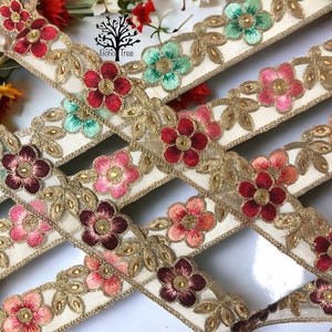 Cinta de tela de organza, adorno de tela para sari, borde de sari bordado, colcha artística, adorno de tela de la India cortado a medida, camino de mesa, lehenga