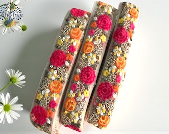 Floral Embroidered Sari Border, Multicolor Indian Fabric Trim